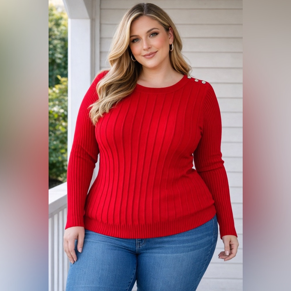 Lane Bryant Red Ribbed Crew Neck Sweater